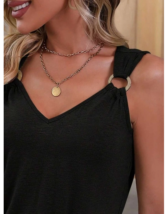 Kadın Askılı V Yaka Belden Büzgülü Aksesuar Detaylı Viskon Elbise