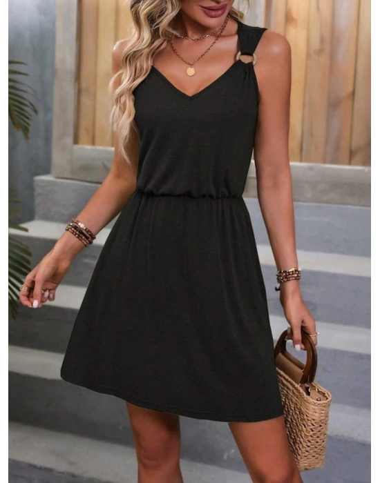 Kadın Askılı V Yaka Belden Büzgülü Aksesuar Detaylı Viskon Elbise