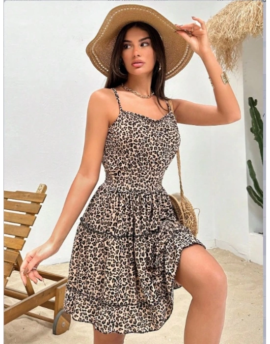 Kadın Askılı V Yaka Beli Pileli Leopar Desen Eteği Fırfırlı Süprem Elbise