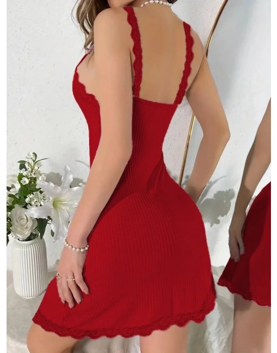 Kadın Askılı V Yaka Dantel Detay Fitilli Kaşkorse Gecelik