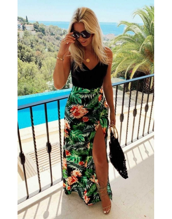 Kadın Askılı V Yaka Eteği Dijital Baskılı çiçek Desenli Yırtmaçlı Mikro Kumaş Elbise