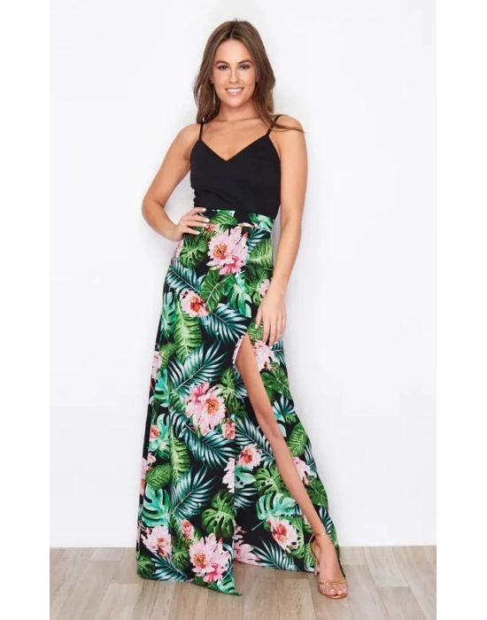 Kadın Askılı V Yaka Eteği Dijital Baskılı çiçek Desenli Yırtmaçlı Mikro Kumaş Elbise