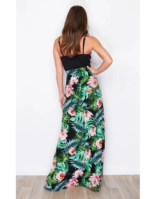 Kadın Askılı V Yaka Eteği Dijital Baskılı çiçek Desenli Yırtmaçlı Mikro Kumaş Elbise