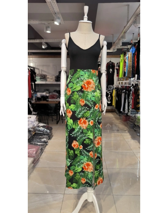 Kadın Askılı V Yaka Eteği Dijital Baskılı çiçek Desenli Yırtmaçlı Mikro Kumaş Elbise