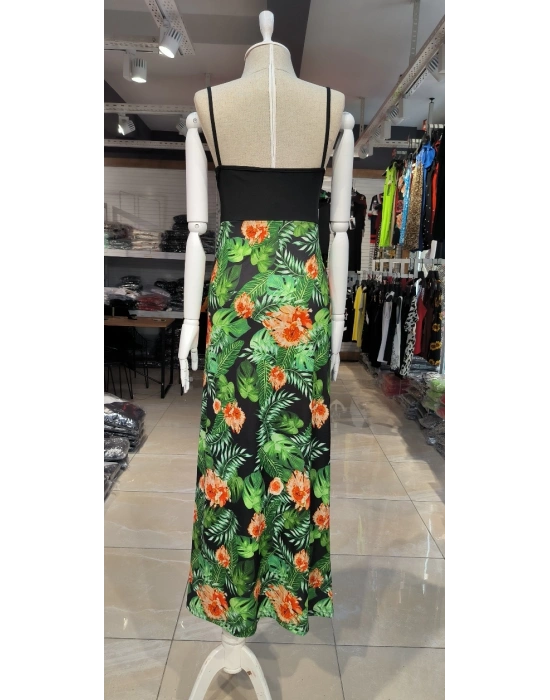 Kadın Askılı V Yaka Eteği Dijital Baskılı çiçek Desenli Yırtmaçlı Mikro Kumaş Elbise