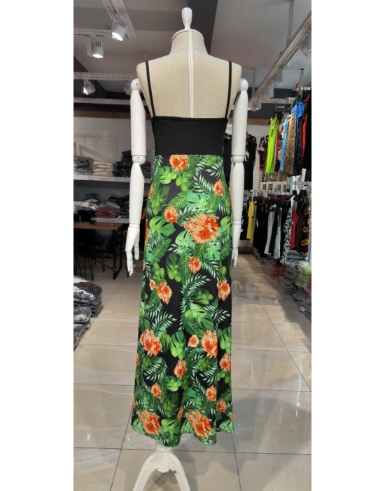 Kadın Askılı V Yaka Eteği Dijital Baskılı çiçek Desenli Yırtmaçlı Mikro Kumaş Elbise