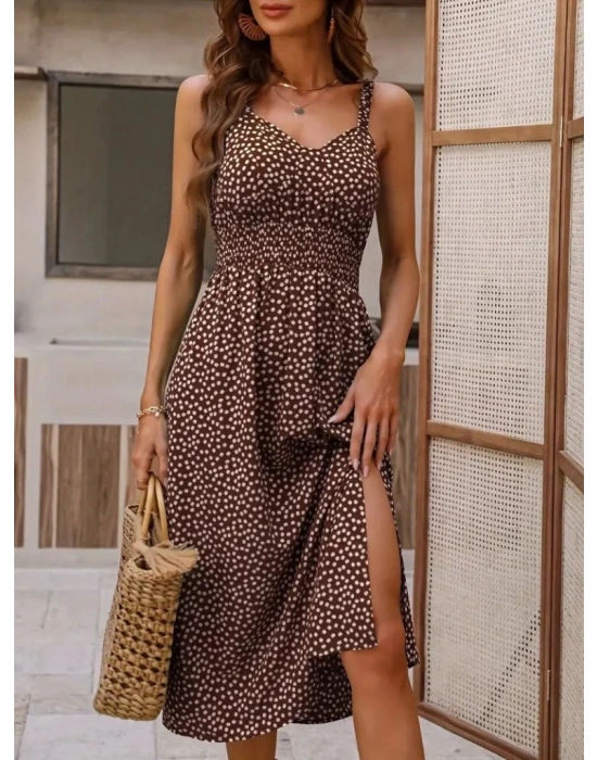 Kadın Askılı V Yakalı Beli Lastikli Yırtmaçlı Süprem Midi Elbise