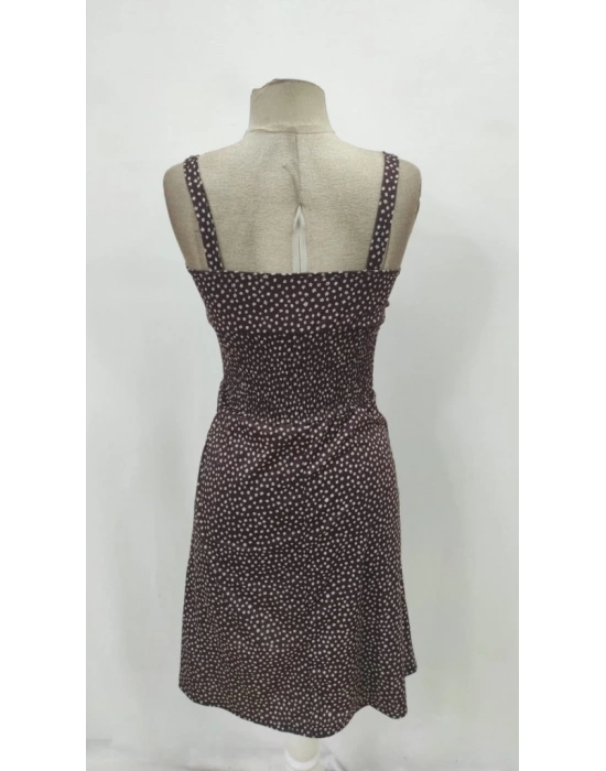 Kadın Askılı V Yakalı Beli Lastikli Yırtmaçlı Süprem Midi Elbise