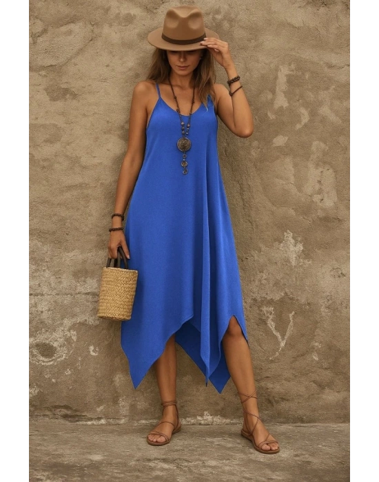 Kadın Askılı V Yakalı Cep Detaylı Asimetrik Kesim Viskon Elbise