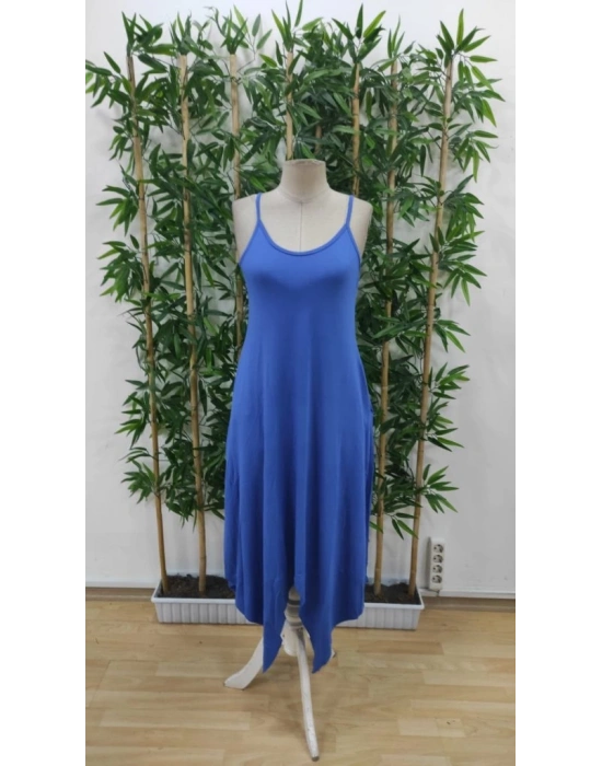 Kadın Askılı V Yakalı Cep Detaylı Asimetrik Kesim Viskon Elbise