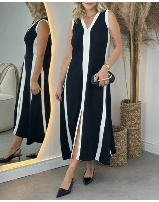 Kadın Askılı V Yakalı çift Renk şeritli önden Yırtmaçlı Uzun Viskon Elbise