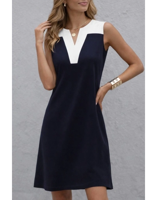 Kadın Askılı V Yakalı çift Renkli Kısa Viskon Iki Iplik Elbise