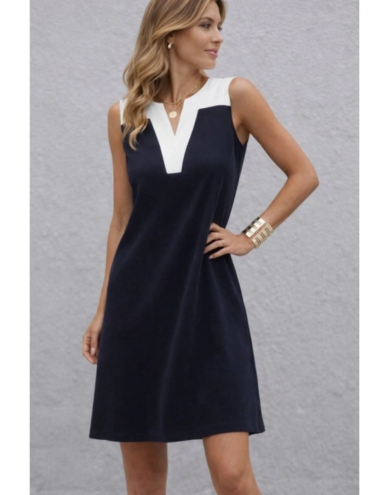 Kadın Askılı V Yakalı çift Renkli Kısa Viskon Iki Iplik Elbise