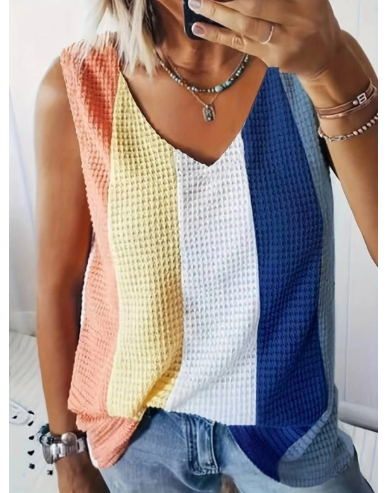 Kadın Askılı V Yakalı çok Renkli Triko Bluz