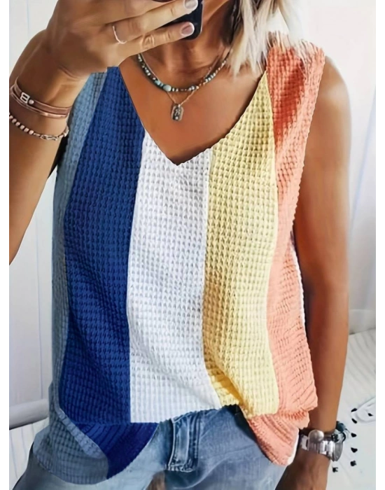 Kadın Askılı V Yakalı çok Renkli Triko Bluz