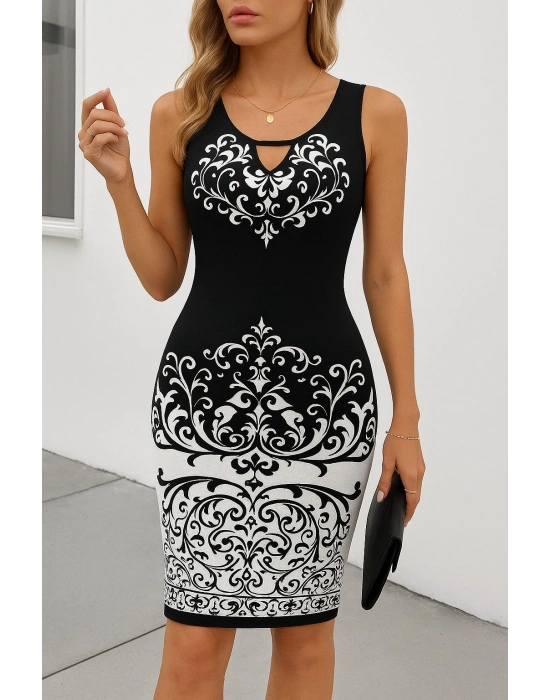 Kadın Askılı V Yakalı Desenli Dalgıç Elbise