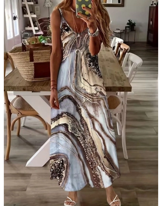 Kadın Askılı V Yakalı Desenlı Uzun Süprem Elbise