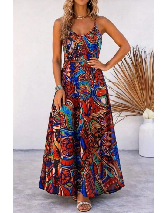 Kadın Askılı V Yakalı Desenli Uzun Süprem Elbise