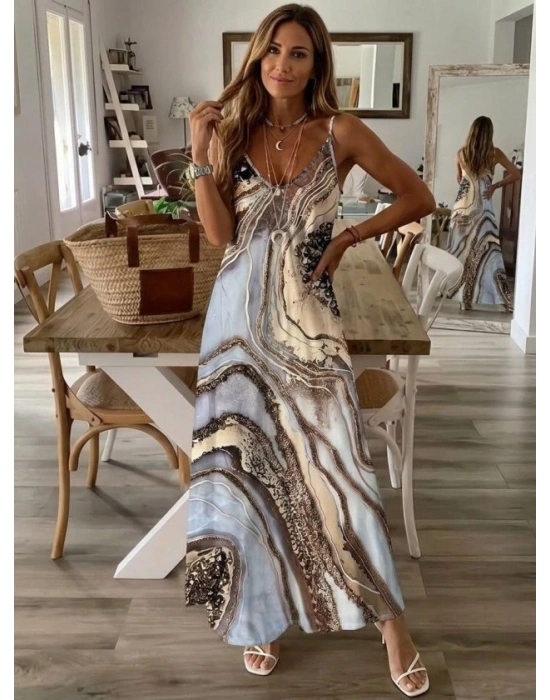 Kadın Askılı V Yakalı Desenlı Uzun Süprem Elbise