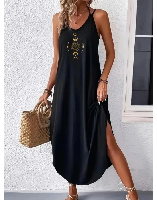 Kadın Askılı V Yakalı Desenli Uzun Viskon Elbise