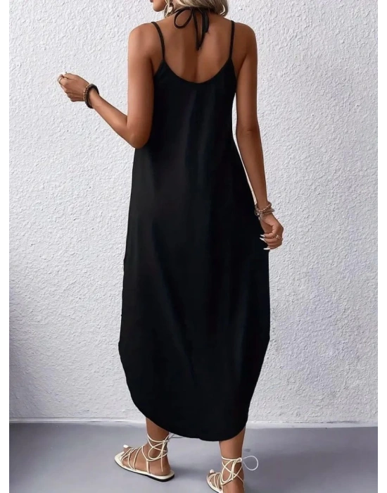 Kadın Askılı V Yakalı Desenli Uzun Viskon Elbise