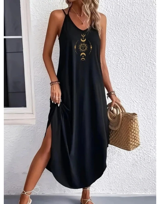 Kadın Askılı V Yakalı Desenli Uzun Viskon Elbise