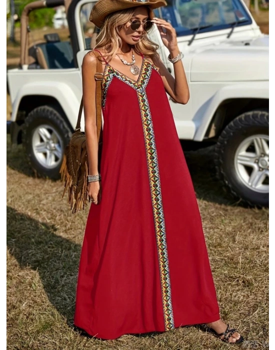 Kadın Askılı V Yakalı Etnik şerit Detaylı Uzun Viskon Elbise