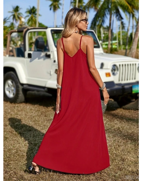 Kadın Askılı V Yakalı Etnik şerit Detaylı Uzun Viskon Elbise