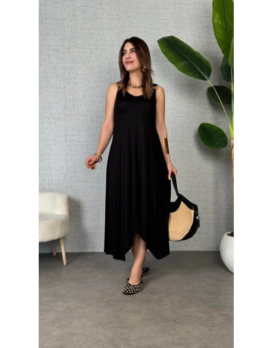 Kadın Askılı V Yakalı Halka Detaylı Asimetrik Kesim Detaylı Viskon Maxi Elbise