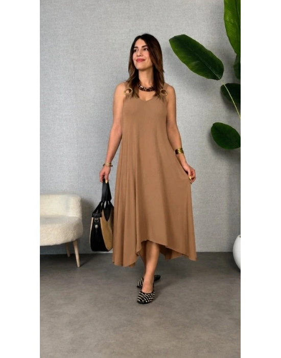 Kadın Askılı V Yakalı Halka Detaylı Asimetrik Kesim Detaylı Viskon Maxi Elbise