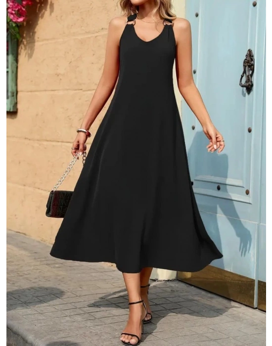 Kadın Askılı V Yakalı Halka Detaylı Maksi Boy Viskon Elbise