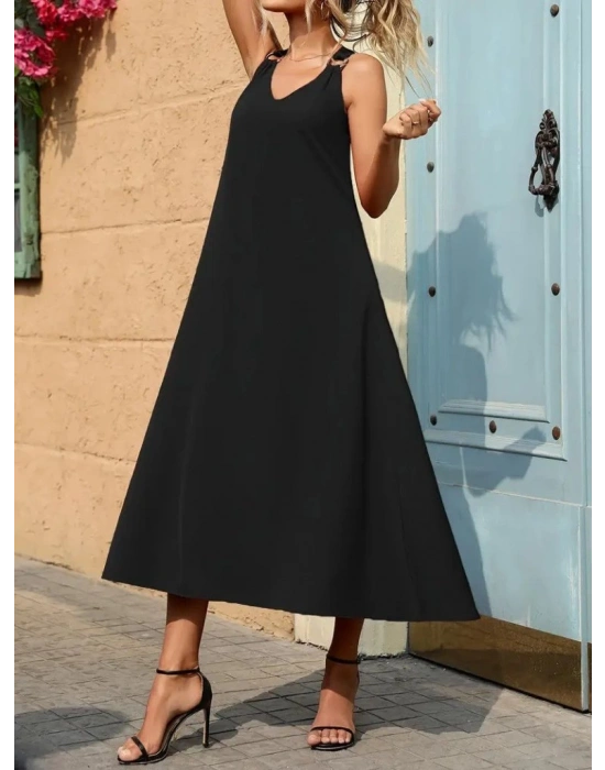 Kadın Askılı V Yakalı Halka Detaylı Maksi Boy Viskon Elbise