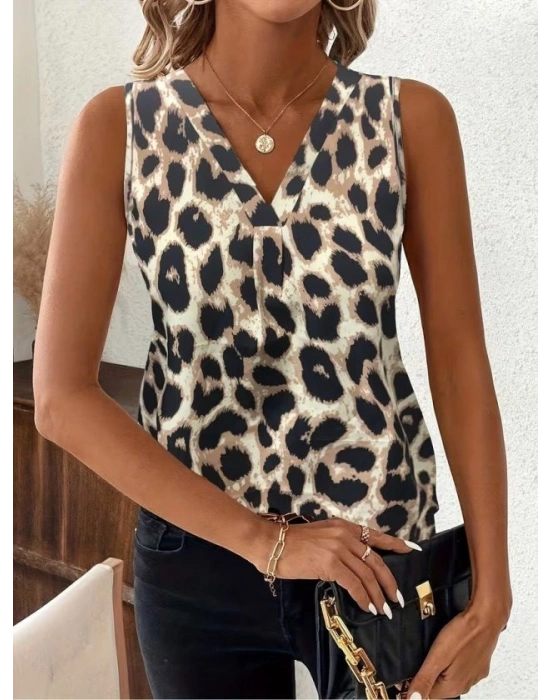 Kadın Askılı V Yakalı Leopar Desenli Süprem Bluz