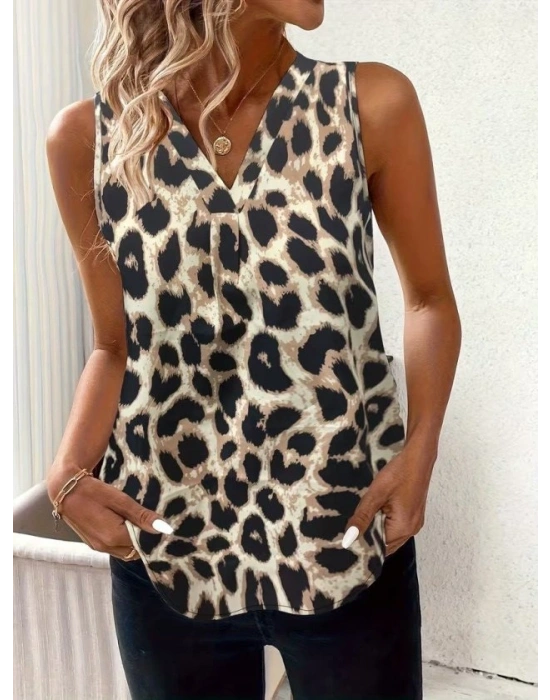 Kadın Askılı V Yakalı Leopar Desenli Süprem Bluz