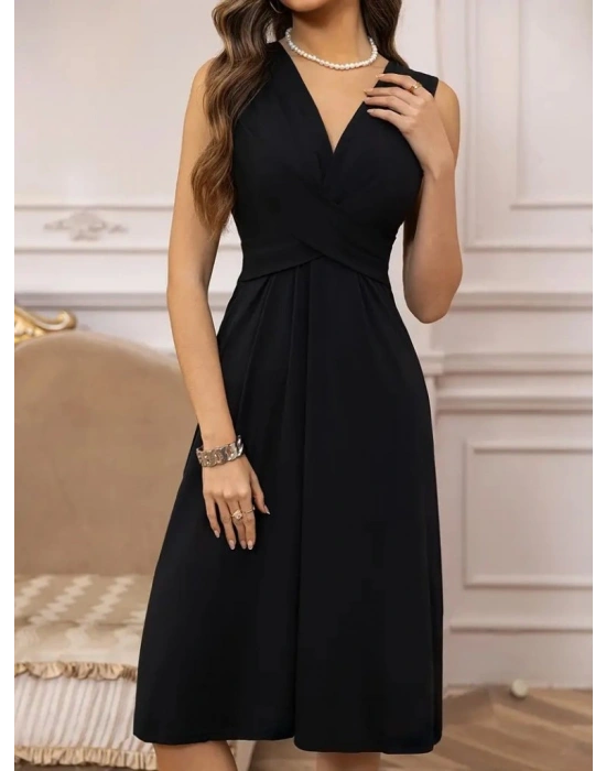 Kadın Askılı V Yakalı önde çapraz Detaylı Janjan Krep Elbise