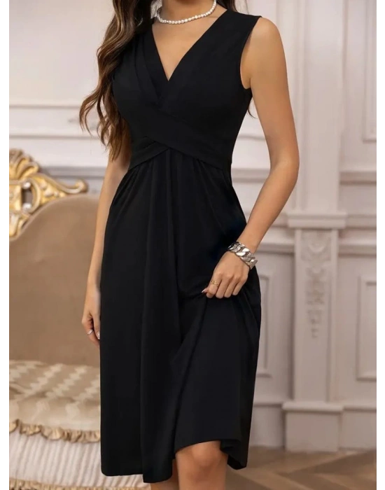 Kadın Askılı V Yakalı önde çapraz Detaylı Janjan Krep Elbise