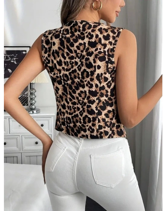 Kadın Askılı V Yakalı önden Düğmeli Leopar Desenli Atlas Ceket