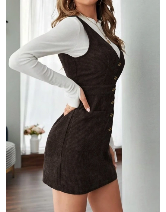 Kadın Askılı V Yakalı önden Düğmeli Mini Kalın Fitilli Kadife Elbise