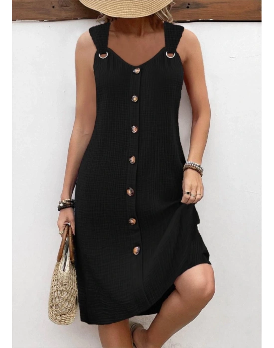 Kadın Askılı V Yakalı önden Düğmeli Narin Elbise