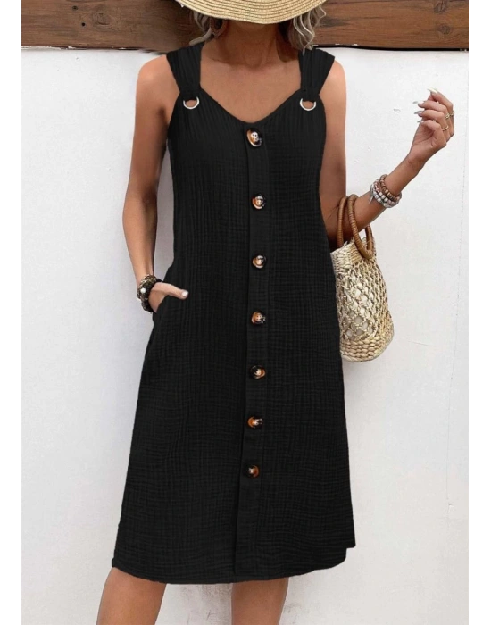 Kadın Askılı V Yakalı önden Düğmeli Narin Elbise