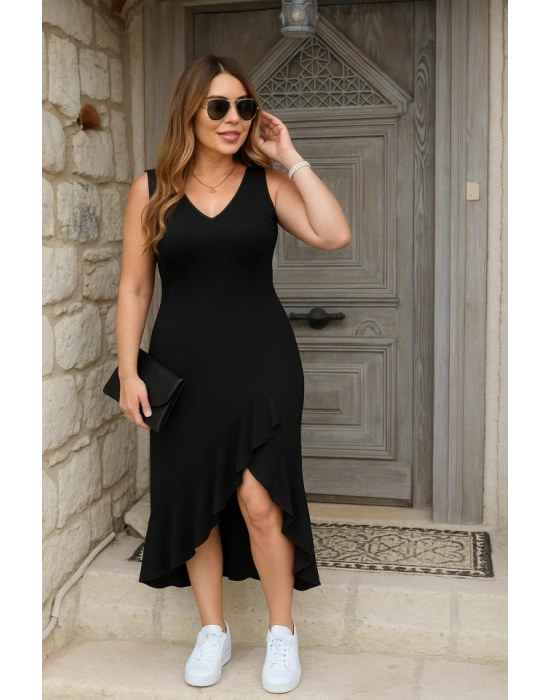 Kadın Askılı V Yakalı önden Fırfırlı Uzun Dalgıç Elbise
