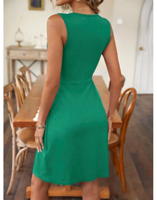 Kadın Askılı V Yakalı önü Düğüm Detaylı Viskon Elbise