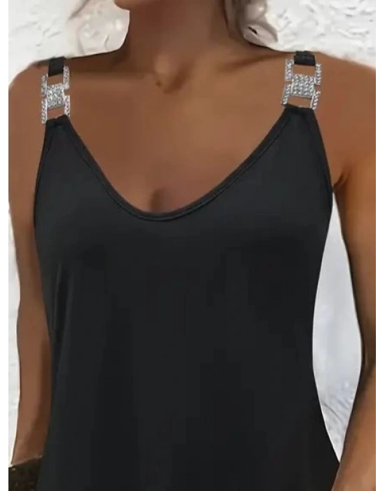 Kadın Askılı V Yakalı Toka Detaylı Janjan Krep Elbise