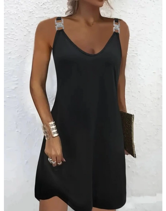 Kadın Askılı V Yakalı Toka Detaylı Janjan Krep Elbise