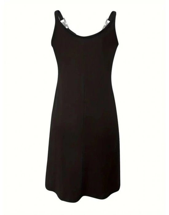 Kadın Askılı V Yakalı Toka Detaylı Janjan Krep Elbise