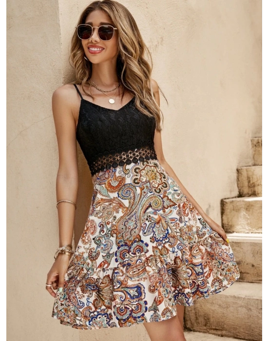 Kadın Askılı V Yakalı üst Dantel Alt Süprem Mini Elbise