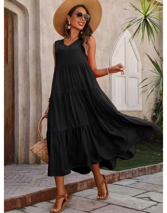 Kadın Askılı V Yakalı Uzun Dokuma Viskon Elbise