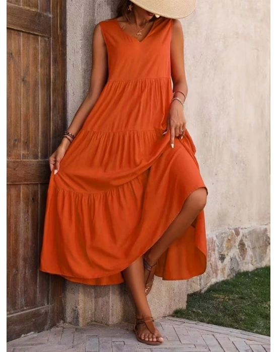 Kadın Askılı V Yakalı Uzun Dokuma Viskon Elbise