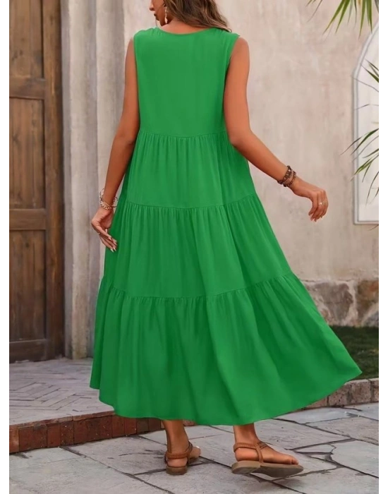 Kadın Askılı V Yakalı Uzun Dokuma Viskon Elbise