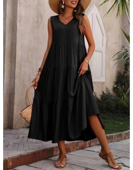 Kadın Askılı V Yakalı Uzun Dokuma Viskon Elbise